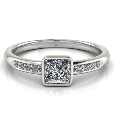 Petite Bezel Set Princess Cut Natural Diamond Solitaire with Side Accent White Gold Comfort Fit Ring - Lucee Diamonds